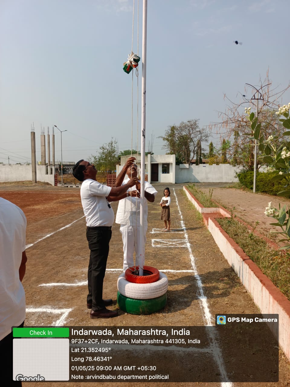 <p>Flag hosting at college ground after 9.00 am on 01st May 2025 by Dr Prakash Pawar, Pirncipal. All staffs are present.</p>

